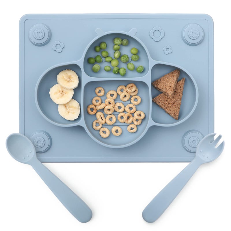 ROCCED Suction Plates for Baby placemat Spoon Fork Set for Toddlers, Silicone Baby Plates with Suction Baby Dishes for Kids Plates-Dusty blue - Image 1